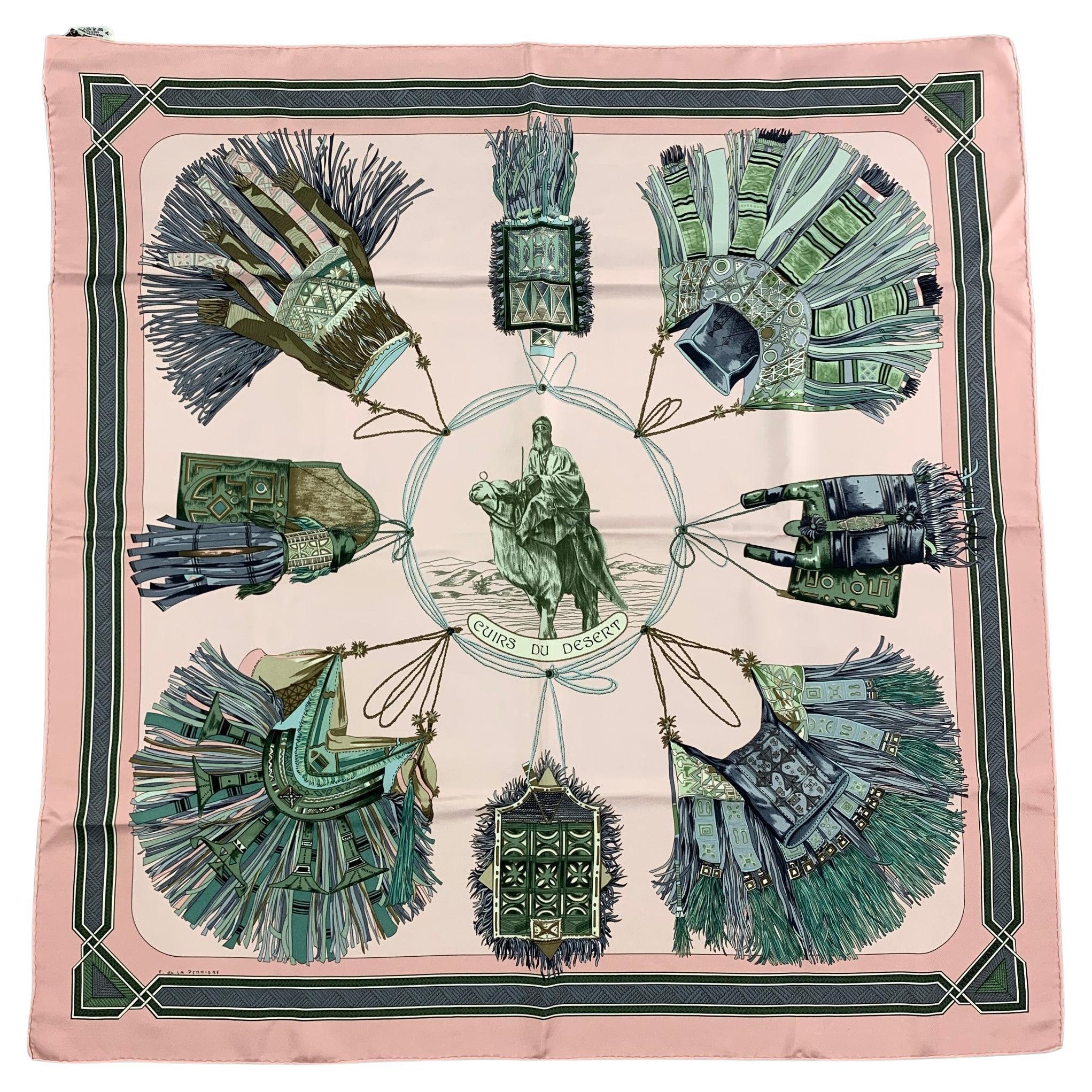 HERMES Pink Black Silk Cuirs Du Desert Scarf