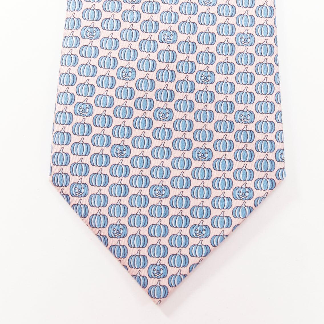 Gray HERMES pink blue 100% silk scary pumpkin halloween theme formal tie