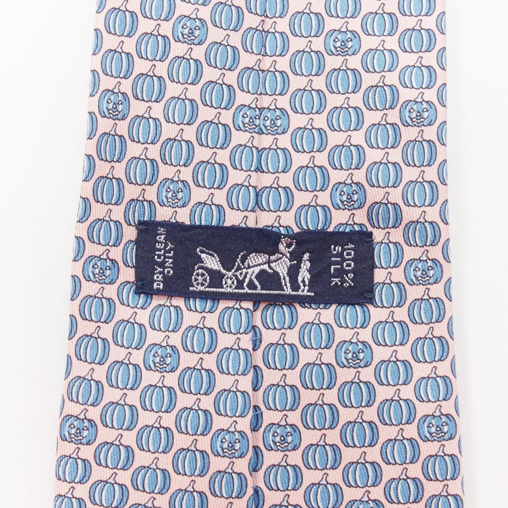 HERMES pink blue 100% silk scary pumpkin halloween theme formal tie In Excellent Condition In Hong Kong, NT