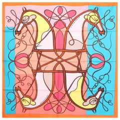 Hermes pink blue COUP DE FOUET 90 silk twill Scarf