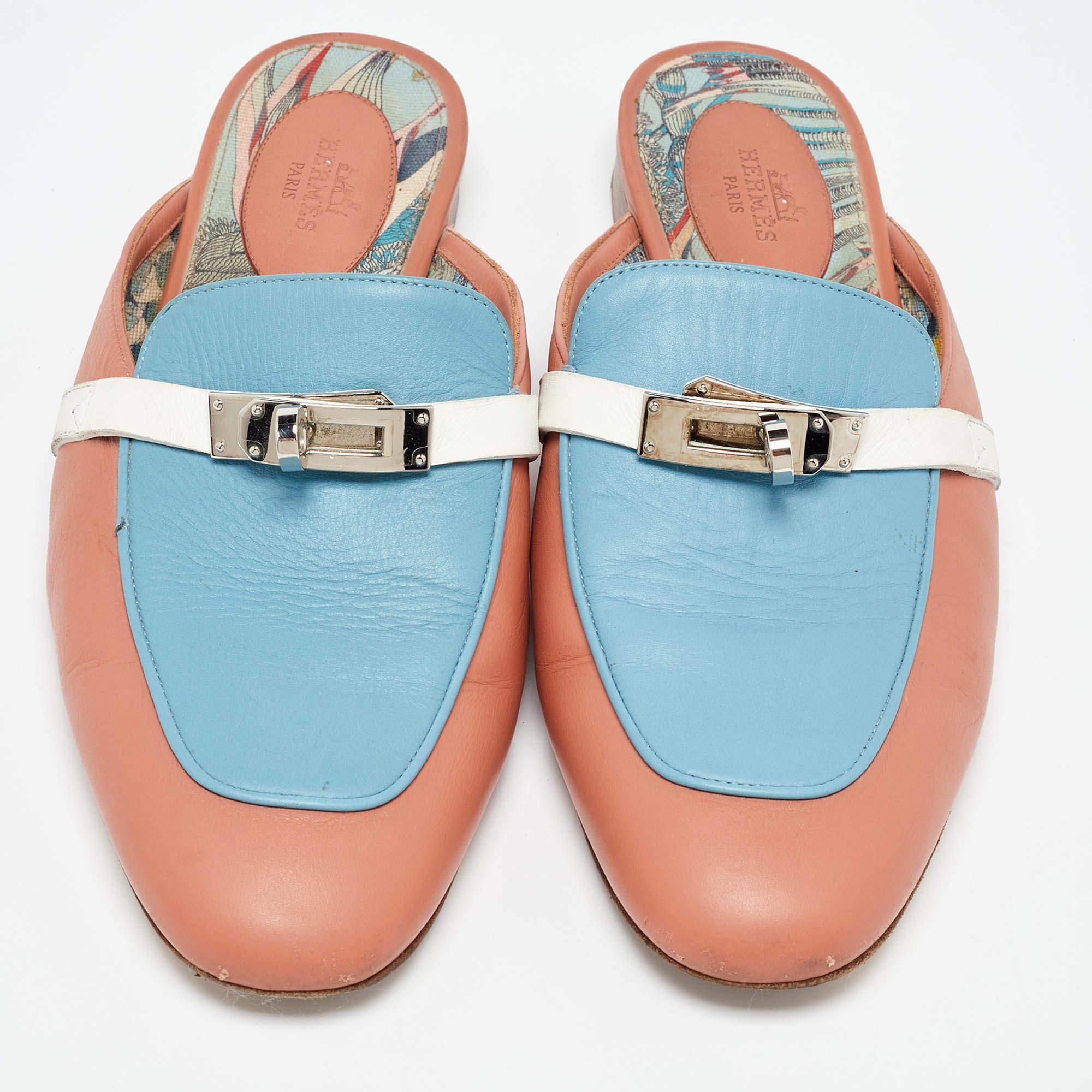 Brown Hermes Pink/Blue Leather Oz Flat Mules Size 38