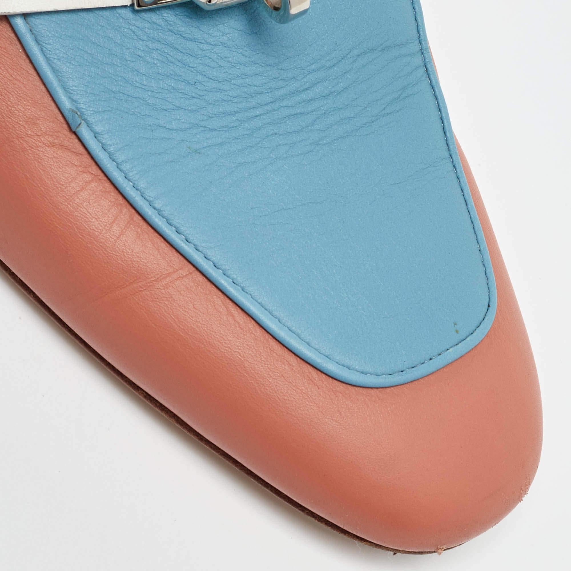 Hermes Pink/Blue Leather Oz Flat Mules Size 38 2