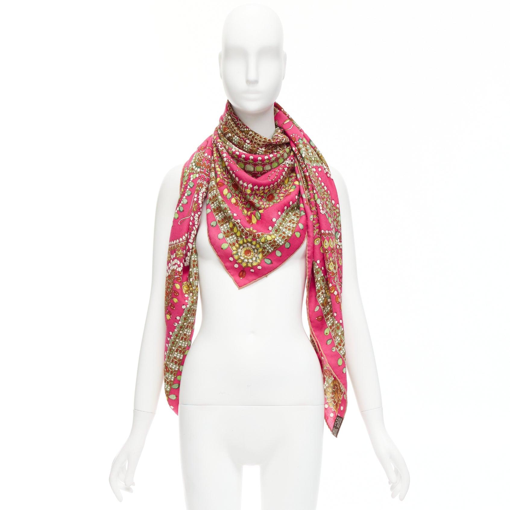 HERMES pink cashmere silk parures des maharajas jewel print 135cm square scarf For Sale 6