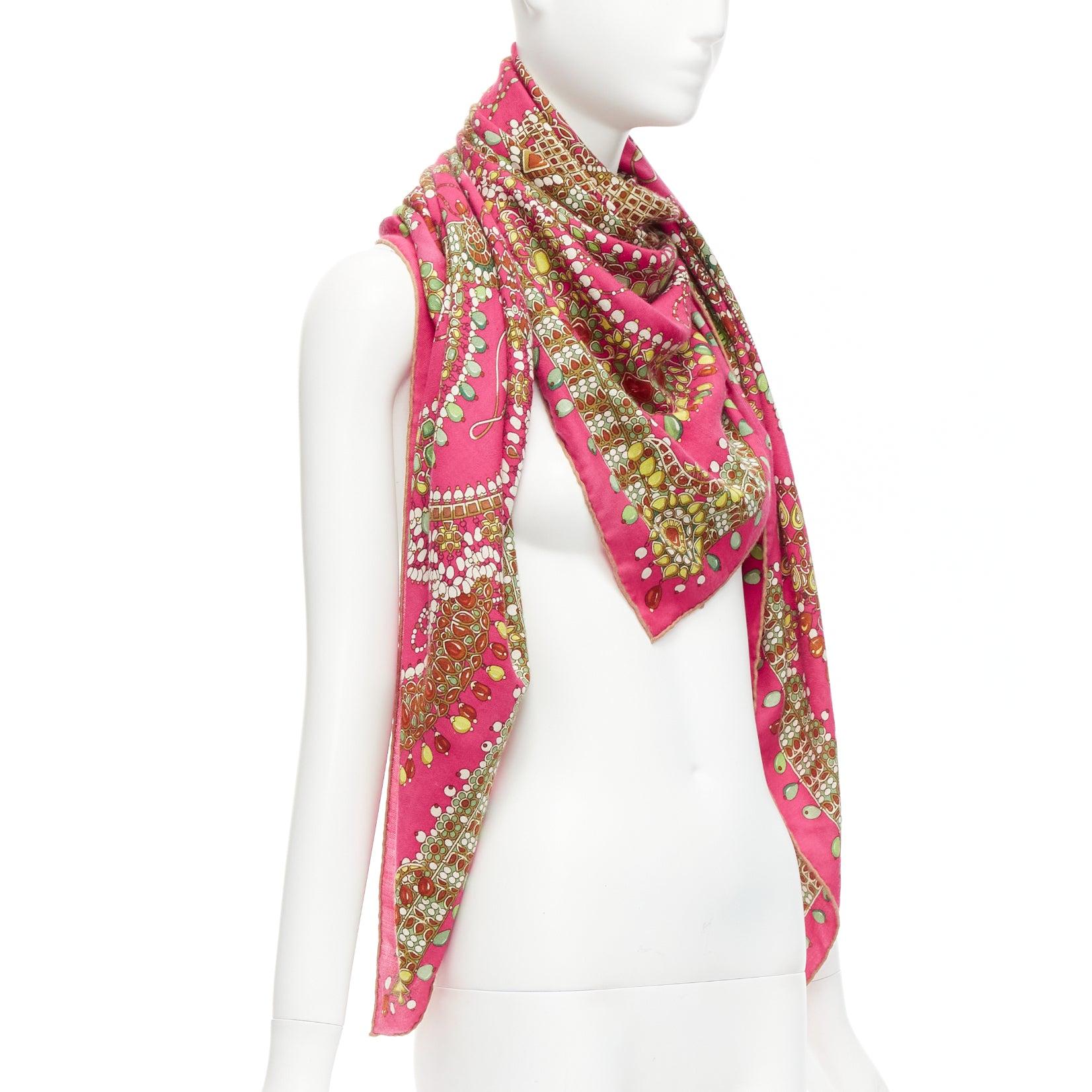 Pink HERMES pink cashmere silk parures des maharajas jewel print 135cm square scarf