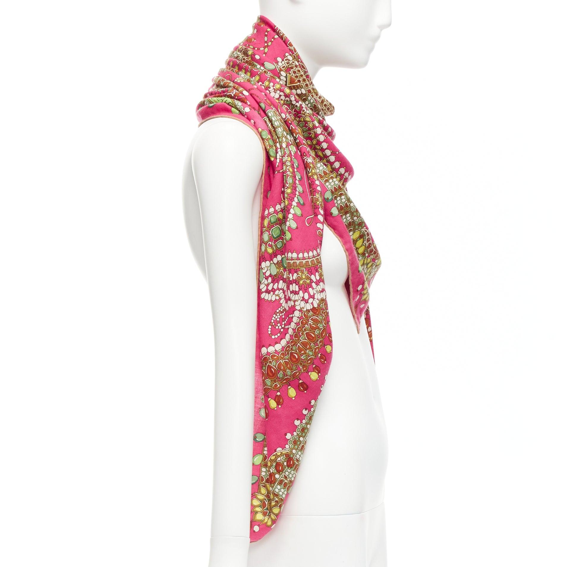Women's HERMES pink cashmere silk parures des maharajas jewel print 135cm square scarf For Sale