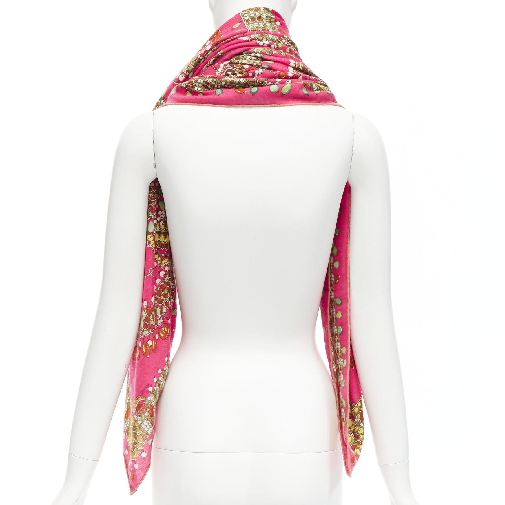HERMES pink cashmere silk parures des maharajas jewel print 135cm square scarf For Sale 1