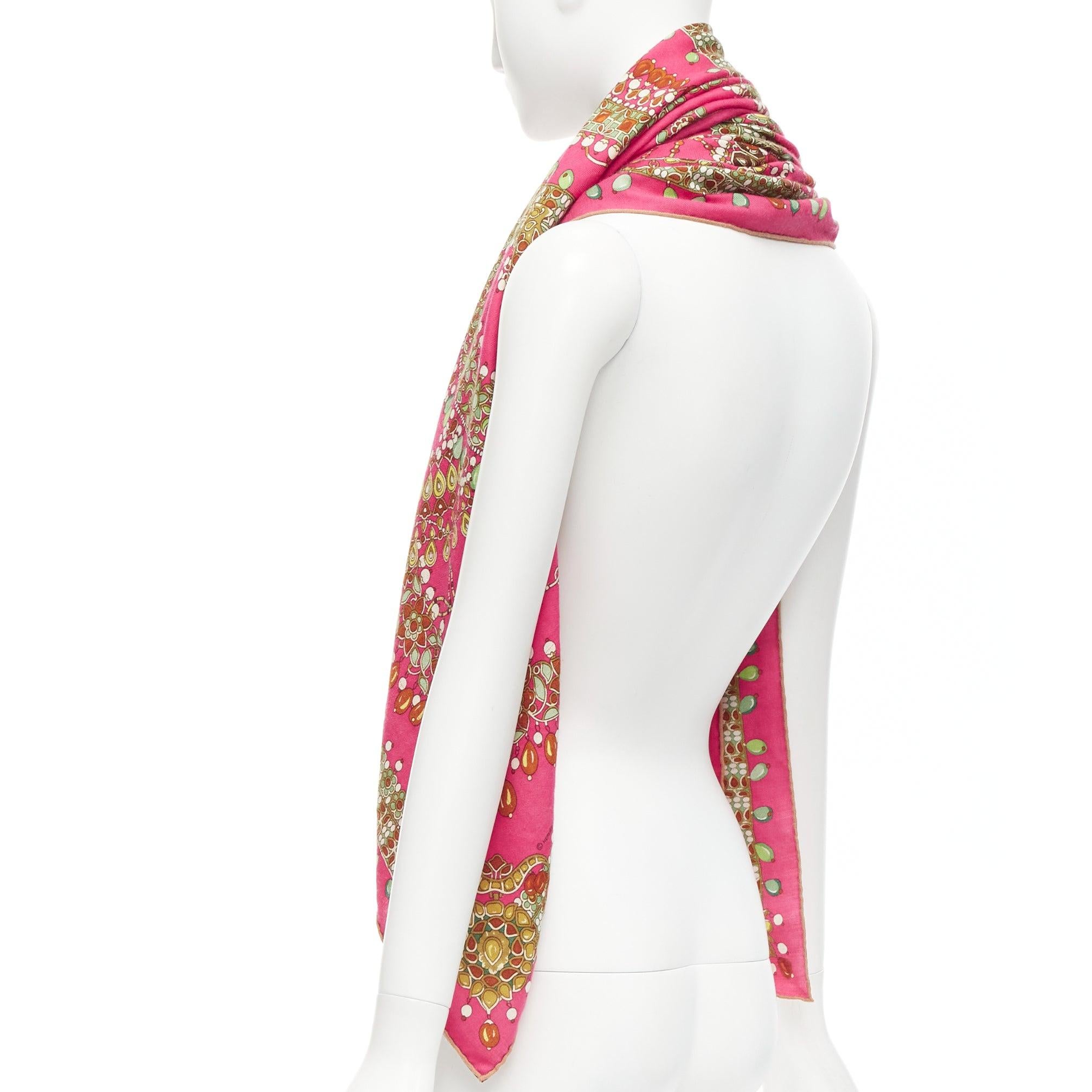 HERMES pink cashmere silk parures des maharajas jewel print 135cm square scarf For Sale 2