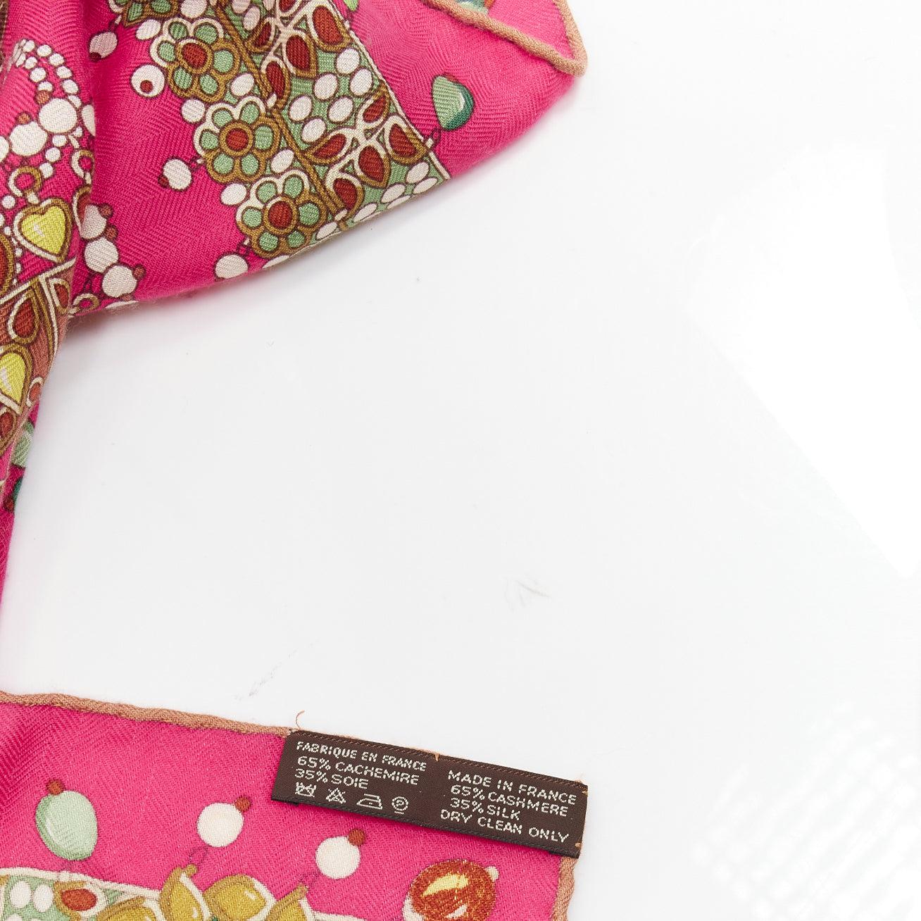 HERMES pink cashmere silk parures des maharajas jewel print 135cm square scarf For Sale 4