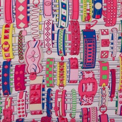 HERMES pink COLLIERS ET CHIENS 90 WASH Scarf silk Rose Bleu Jaune