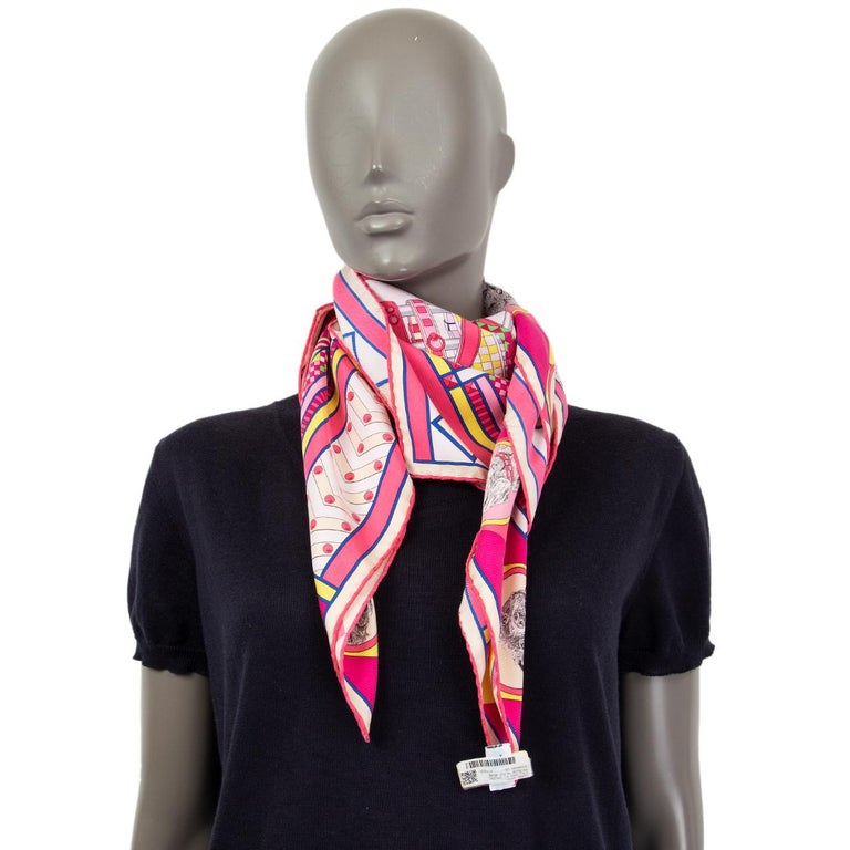 HERMES pink COLLIERS ET CHIENS 90 WASH Scarf silk Rose Bleu Jaune 