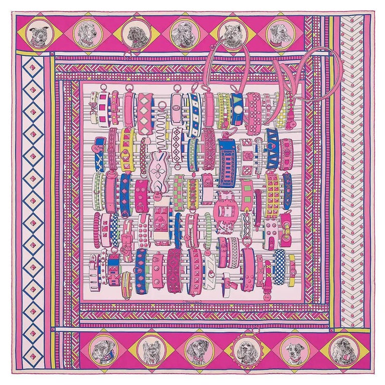 HERMES pink COLLIERS ET CHIENS 90 WASH Scarf silk Rose Bleu Jaune 