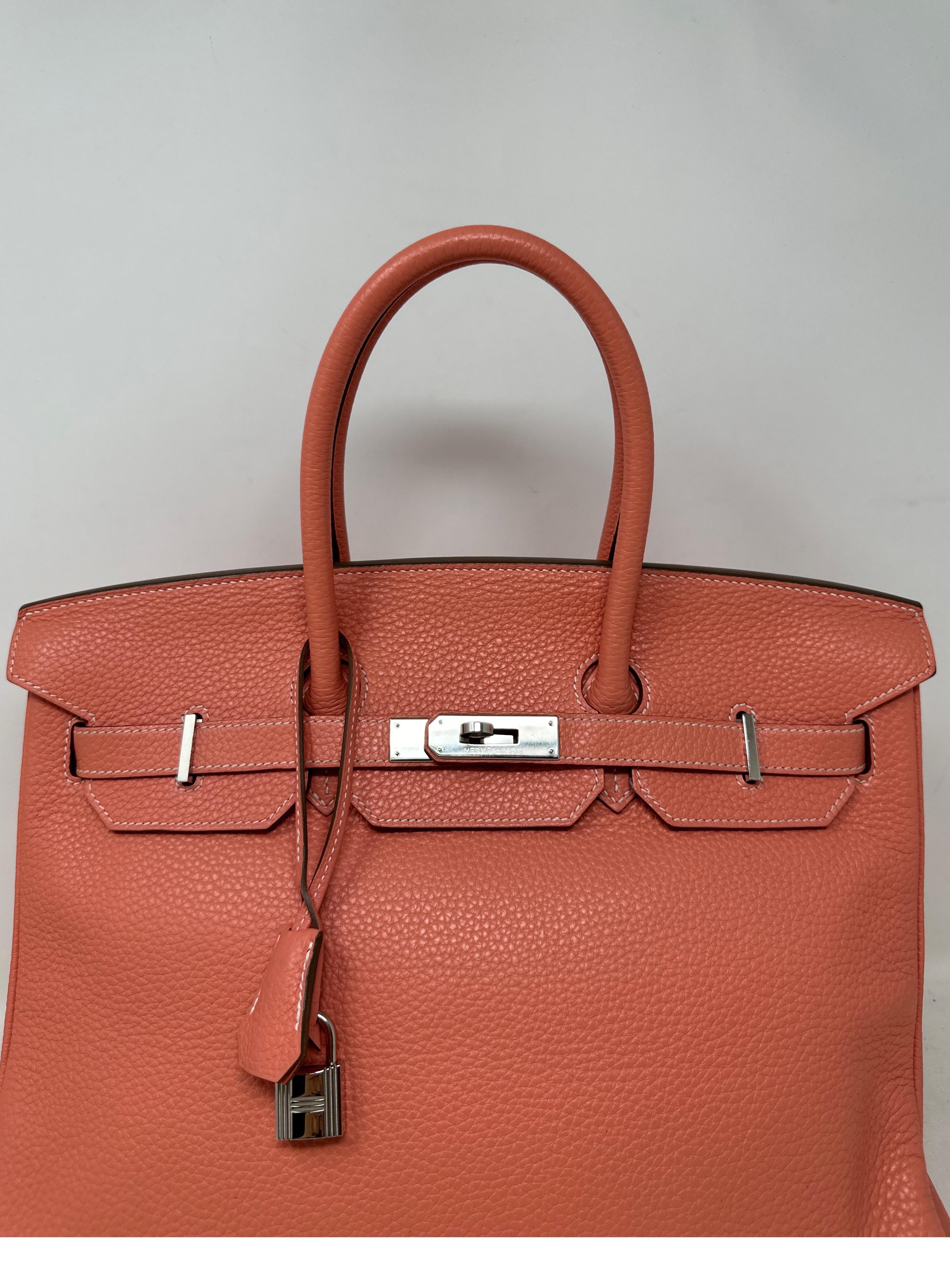 Hermes Pink Crevette Birkin 35 Bag. Pretty in pink light salmon color. Palladium silver hardware. Clemence leather. Very good condition. Interior clean. Great Spring or Summer color bag. Don't miss out on this amazing deal for a Birkin. Includes