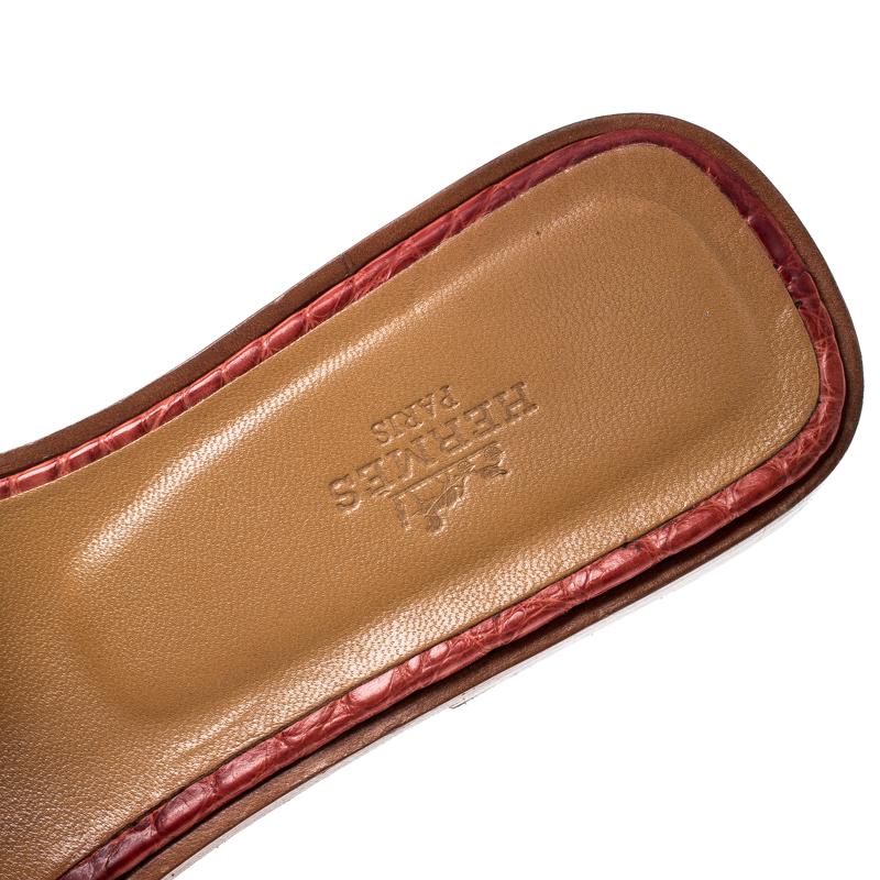 Brown Hermes Pink Croc Leather Oran Flat Sandals Size 37