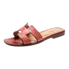 Hermes Rosa Krokoleder Oran Flache Sandalen Größe 37