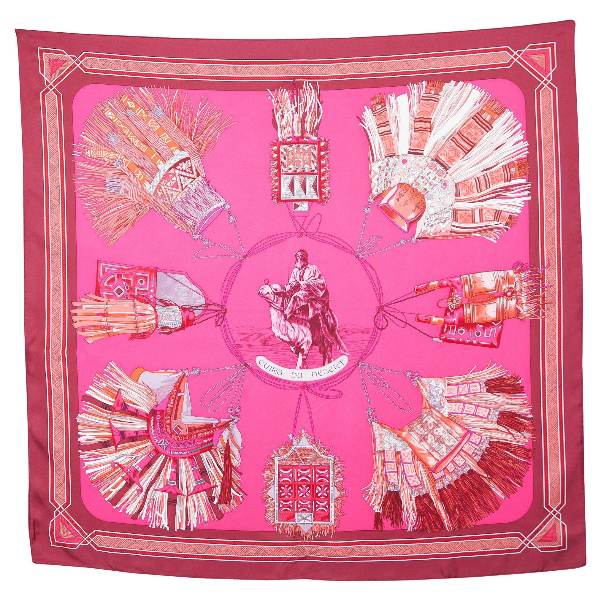 Hermes Pink Cuirs du Desert Printed Silk Square Scarf