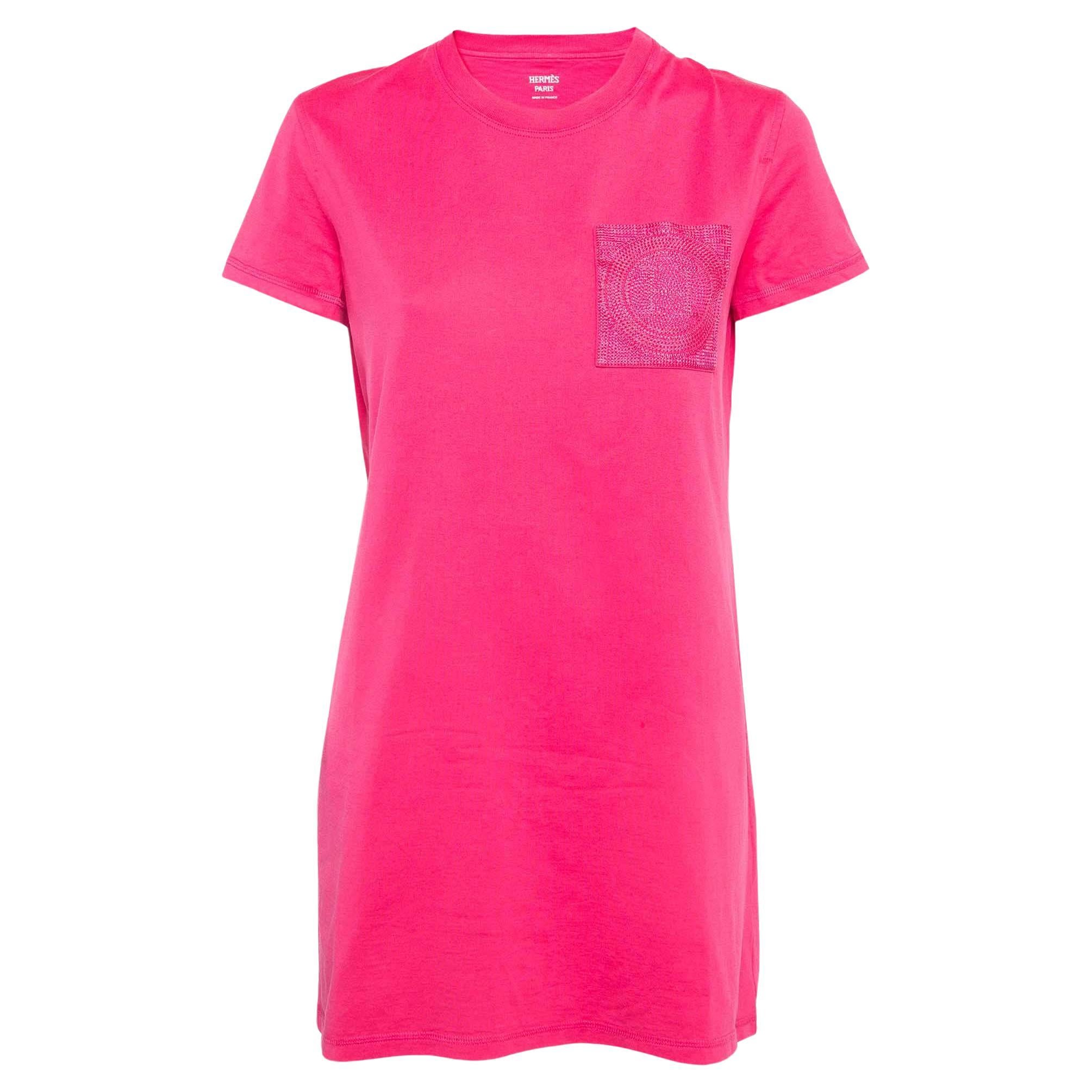 I. M. T. I. M. I. Hermès Rosa bestickte Tasche Baumwollstrick Mini-T-Shirt Kleid M im Angebot