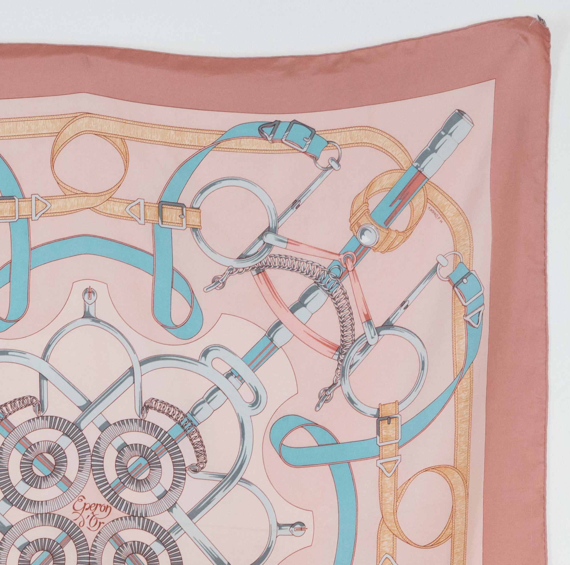 Beige Hermes Pink Eperons d Or by H. d Origny Silk Scarf