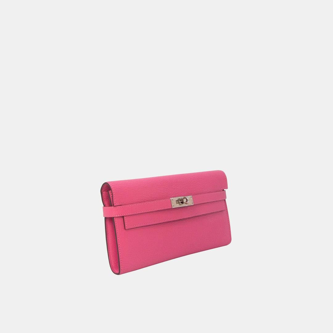 Pink Hermés Kelly Long Wallet Rose Lipstick Chèvre Leather Silver Hardware