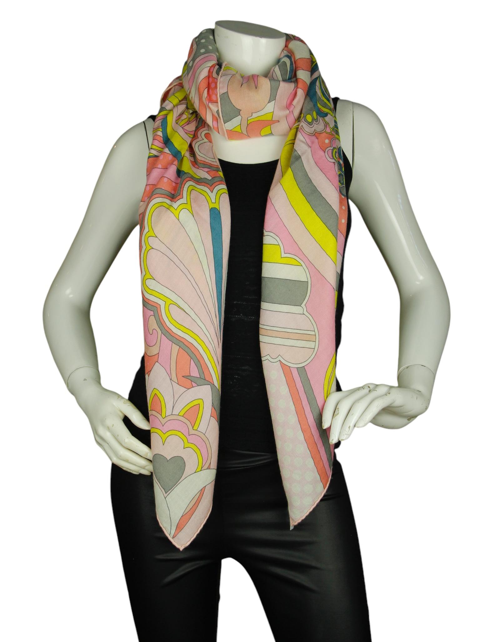 Hermes Rose, Jaune Vif, Etoupe Faubourg Rainbow 140cm Silk/Cashmere Shawl Scarf

Made In: France
Color: Rose, Jaune Vif, Etoupe
Materials: 70% cashmere/ 30% silk
Overall Condition: Excellent with light pilling
Includes: Hermes box

Measurements: