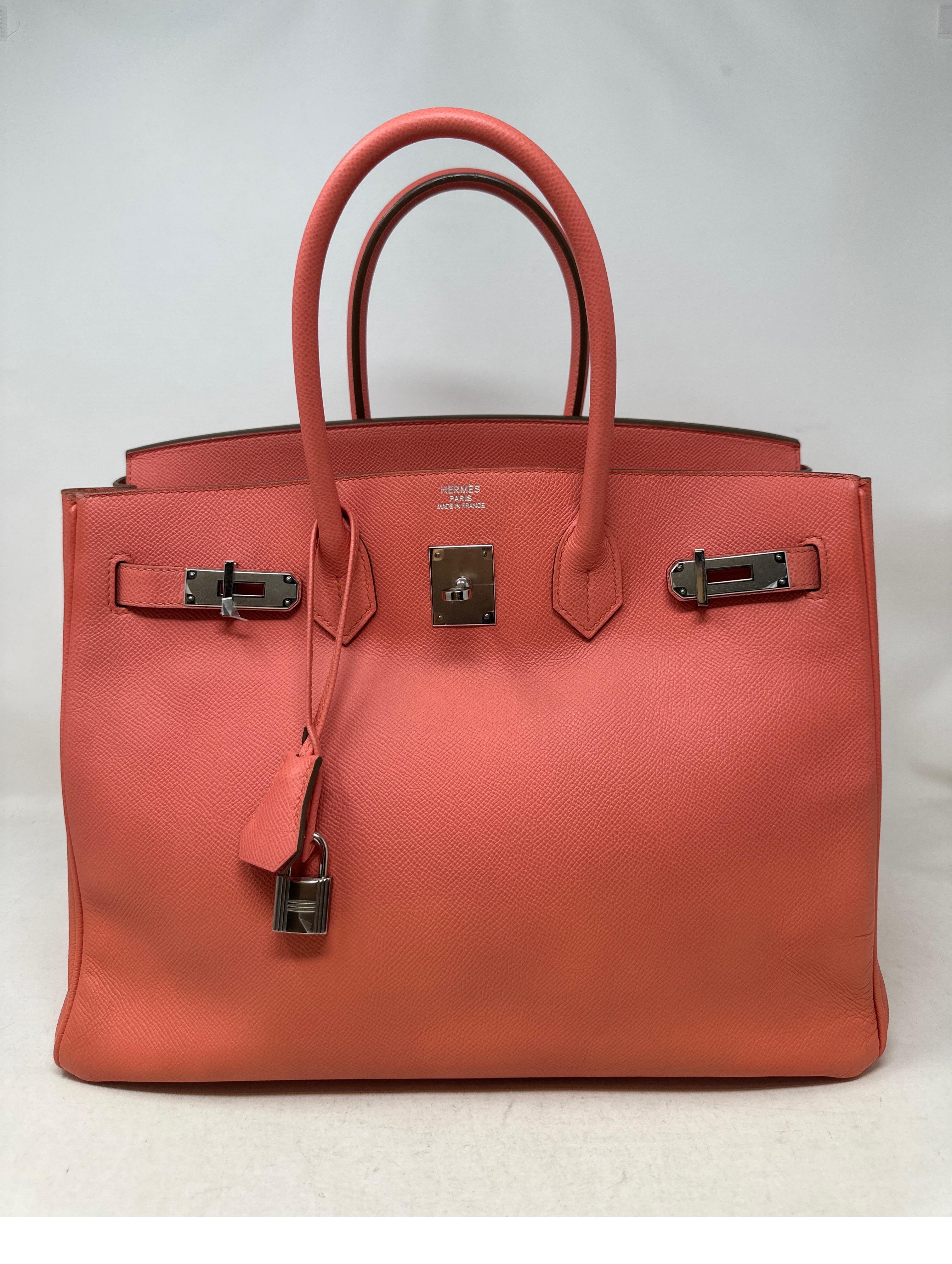 Hermes Pink Flamingo Birkin 35 Bag. Excellent condition. Epsom leather. Palladium hardware. Q stamp. Pretty in pink color. Priced to sell. Includes clochette, lock, keys, and dust bag. Guaranteed authentic. 
