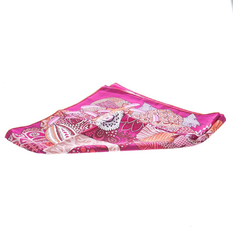 Hermes Pink Fleurs D'Indiennes Printed Silk Square Scarf In Good Condition In Dubai, Al Qouz 2