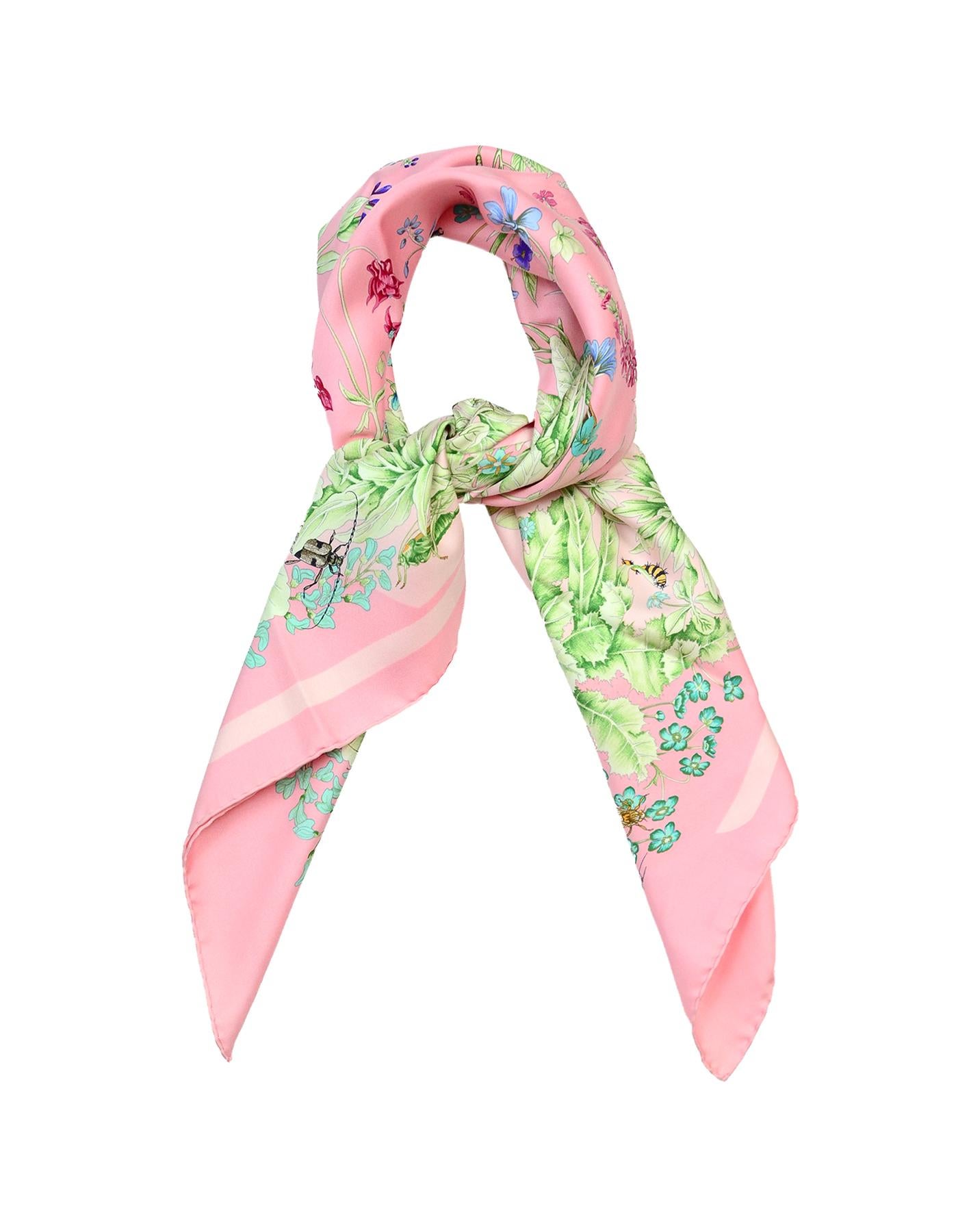 Hermes Pink Floral/Insect La Prairie 90cm Silk Scarf

Made In: France
Color: Pink, green, patterned
Materials: Silk
Overall Condition: Excellent pre-owned condition with exception of no tag
Estimated Retail: $385 + tax

Measurements: 
34.5