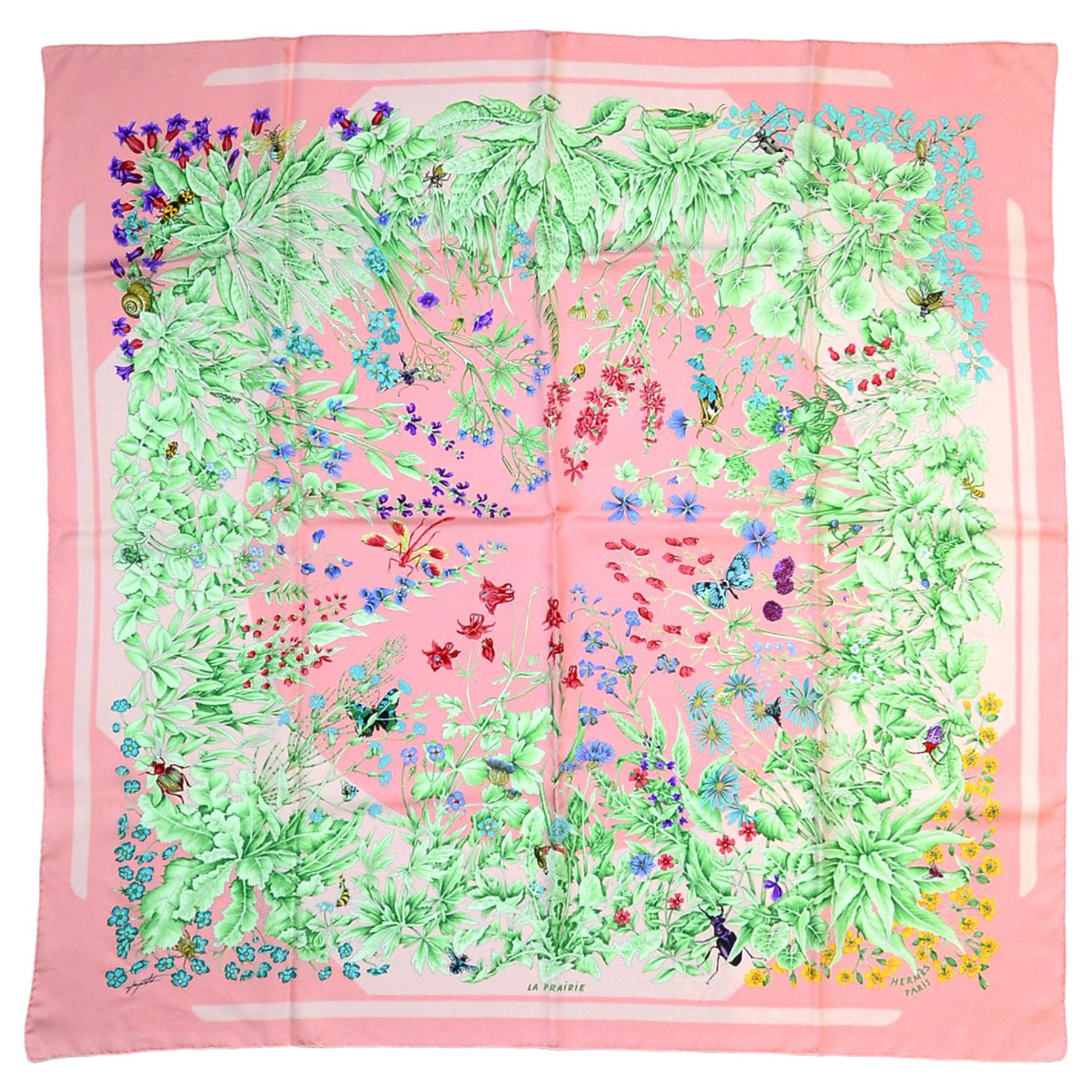 Hermes Pink Floral/Insect La Prairie 90cm Silk Scarf