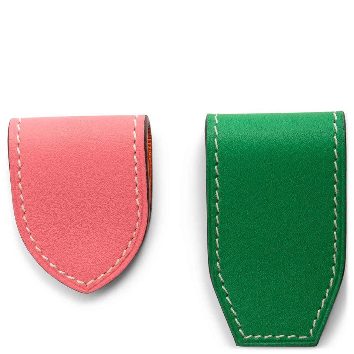 Blue HERMES pink & green leather AT'H SET OF 2 MAGNETS Money Clip Bamboo / Azalee