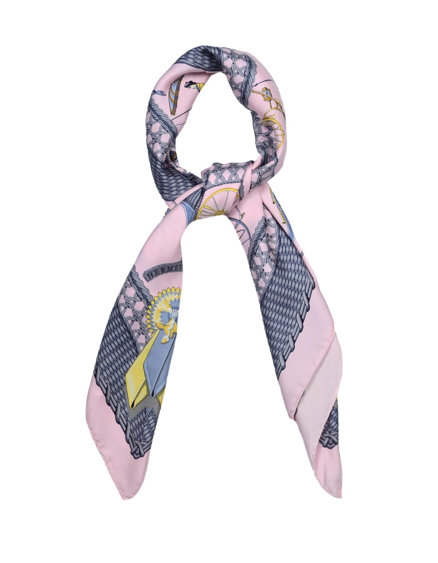 Hermes Pink/Grey Voitures Paniers 90cm Silk Scarf

Made In:  France
Color: Pink/grey
Materials: 100% silk
Overall Condition: Very good pre-owned condition with exception of light staining by border.
Estimated Retail: $395 + tax

Measurements: 
35