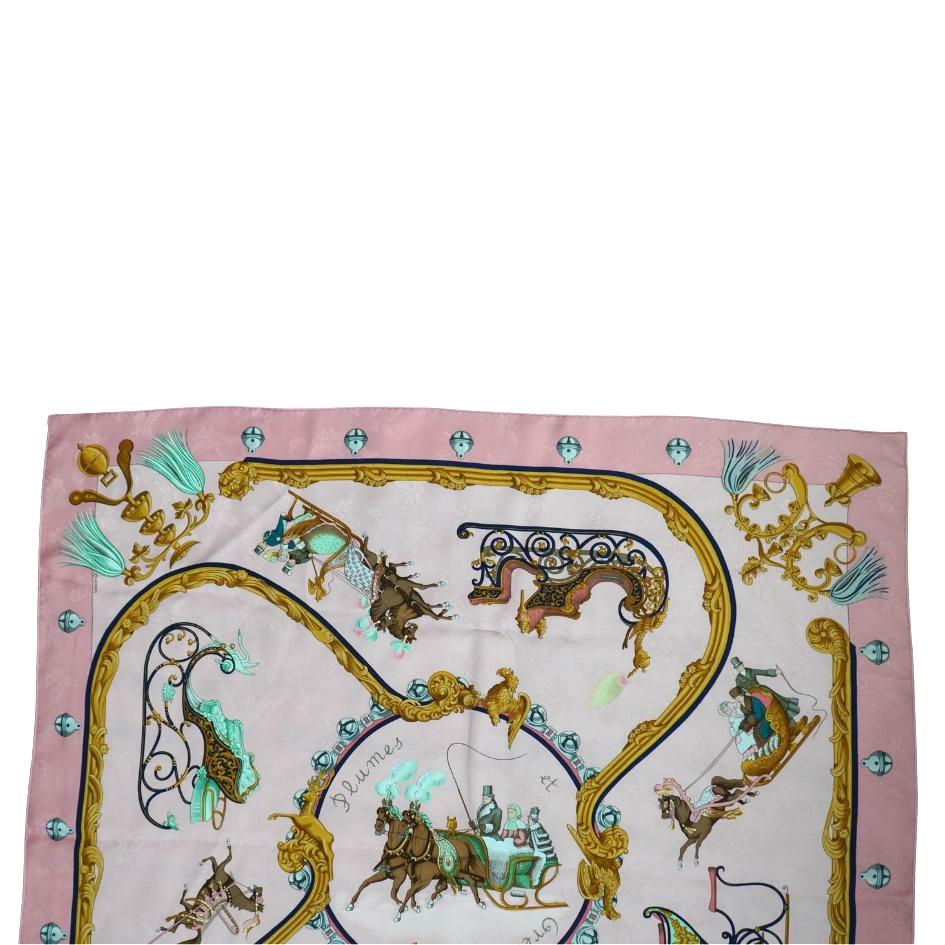 Beige Hermès Pink J. Abadie Plumes et Grelots Silk Scarf For Sale