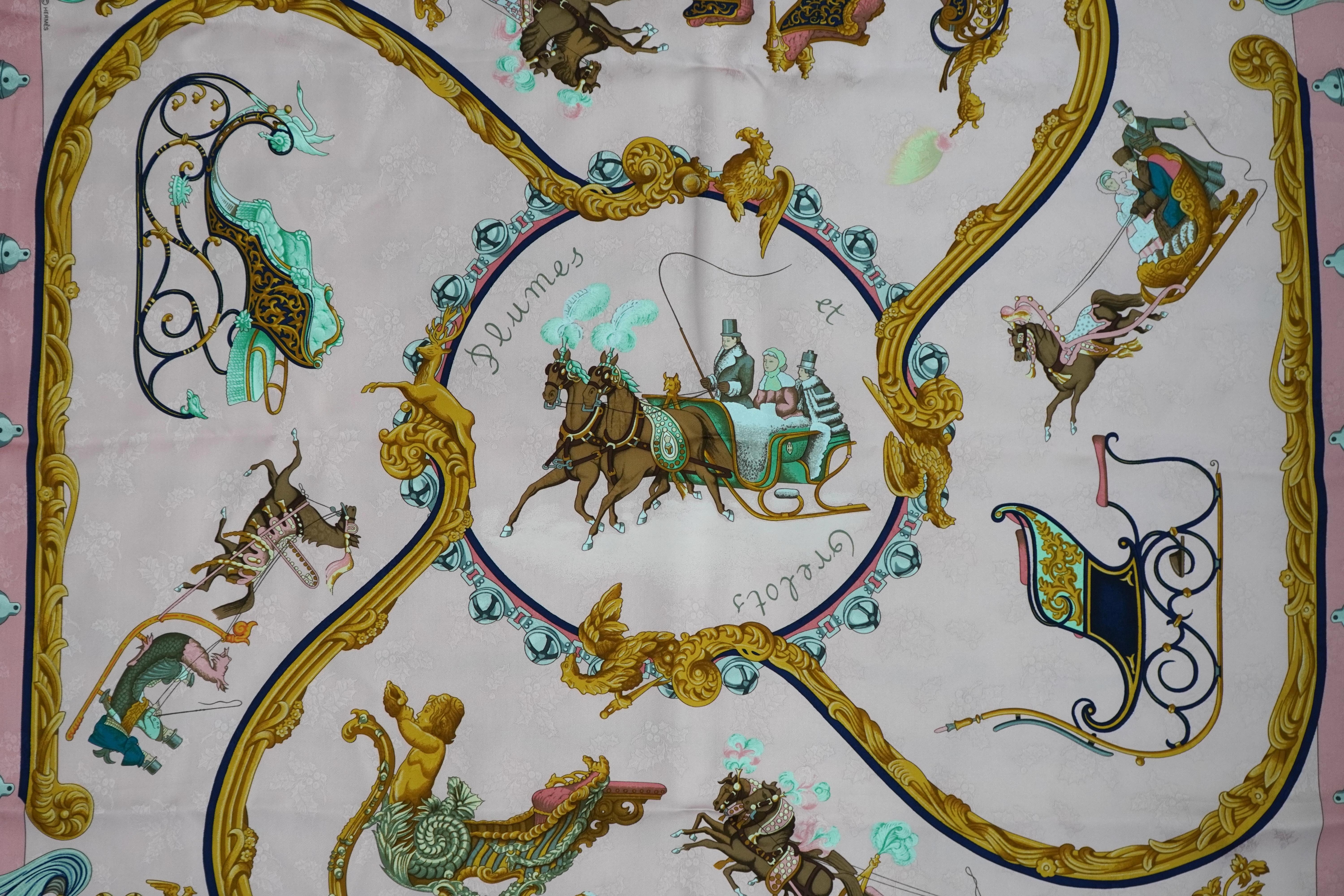 Hermès Pink J. Abadie Plumes et Grelots Silk Scarf In Excellent Condition For Sale In Beverly Hills, CA