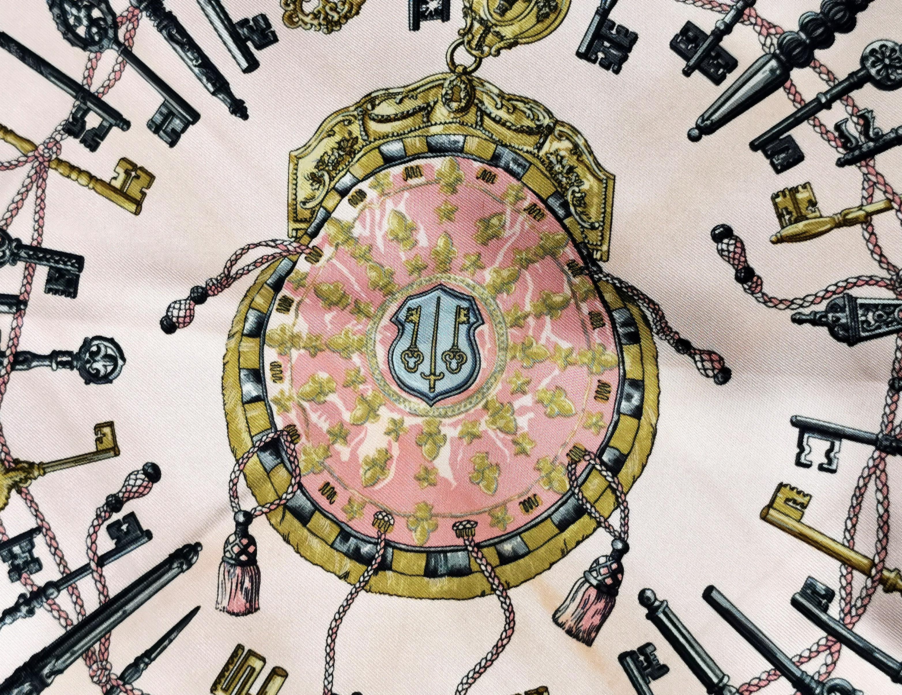 Beige Hermes Pink Keys Les Cles silk scarf, small, Boxed