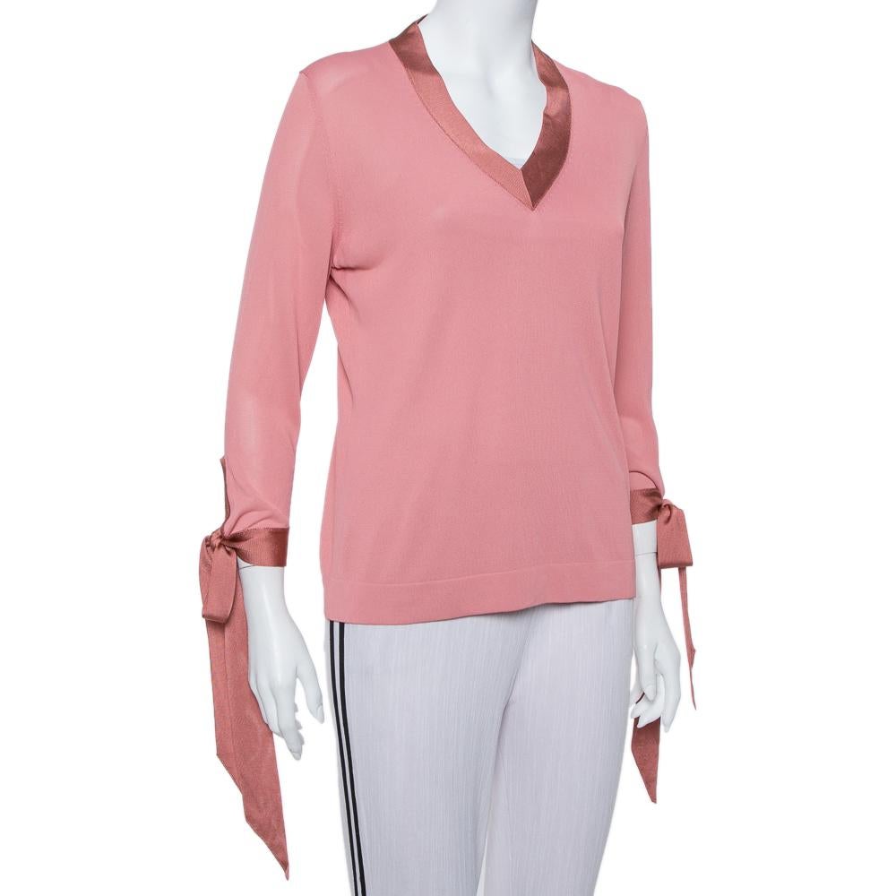 Hermes Pink Knit Sleeve Tie Detail Top L In Excellent Condition In Dubai, Al Qouz 2