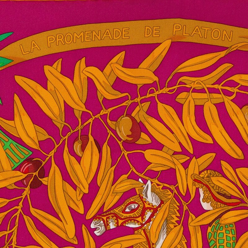 Hermes '90cm La Promenade de Platon' scarf in pink silk twill (100%) with orange hem and details in mustard, red and bright green. Has been worn and is in excellent condition.

Width 90cm (35.1in)
Height 90cm (35.1in)