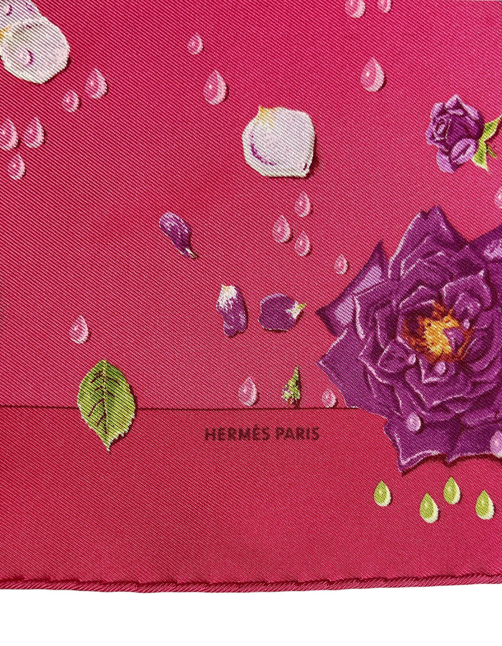Hermes Pink La Rosee Pocket Square Scarf by Anne Gavarni.  Features floral print with falling petals and water droplets.

Made In: France
Color: Pink, multicolor
Materials: 100% silk
Overall Condition: Very good pre-owned condition.  A few light