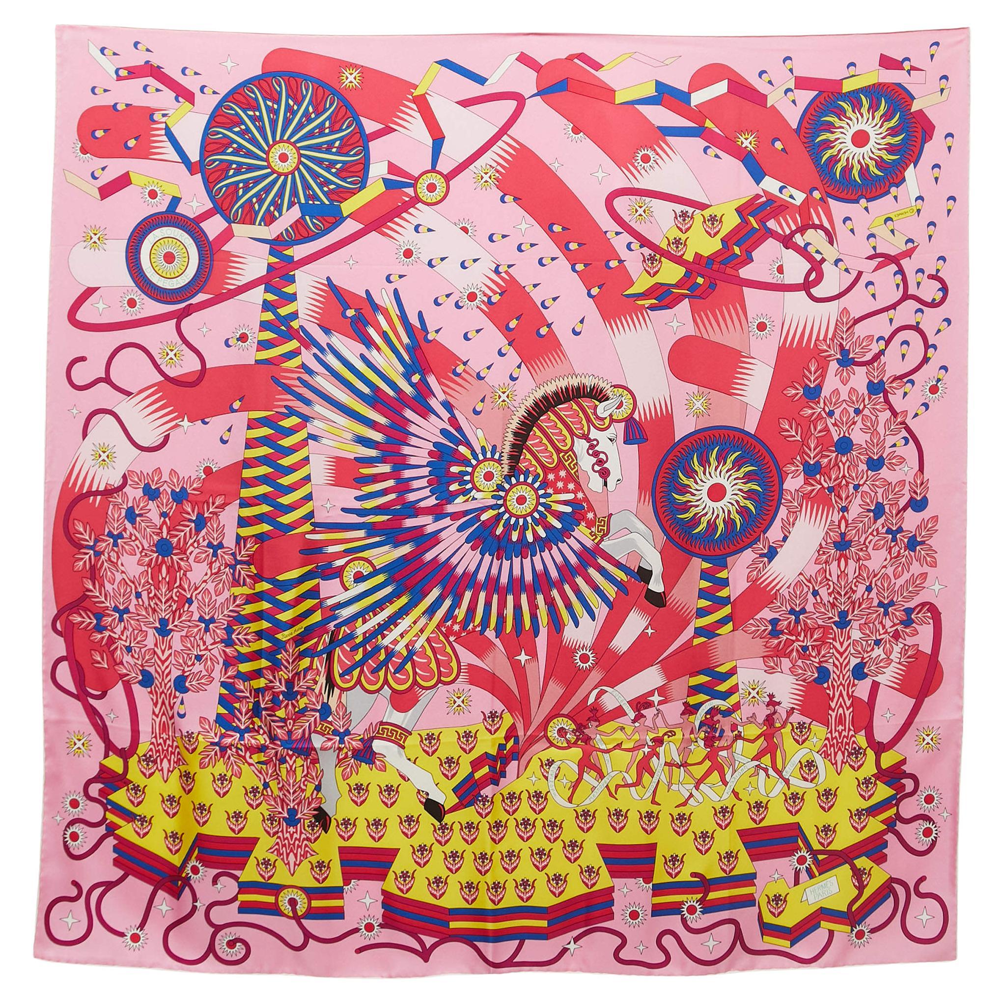 Hermès Pink La Source de Pegase Printed Silk Square Scarf