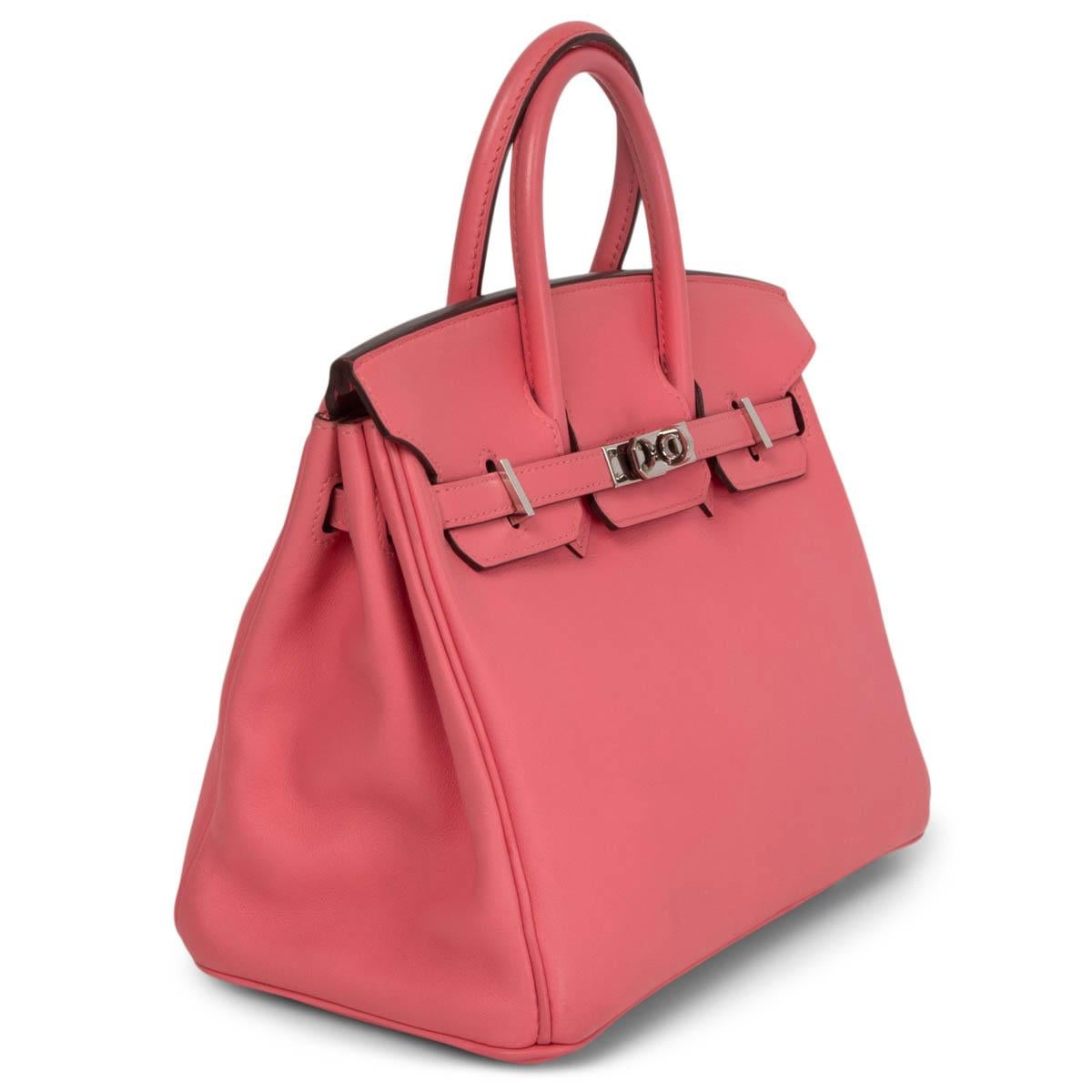 100% authentic Hermès Birkin 25 bag in Rose Azalee (pink) Veau Swift leather with palladium-plated hardware. Lined in Chevre (goat skin) with an open pocket against the front and a zipper pocket against the back. Has been carried and is in excellent