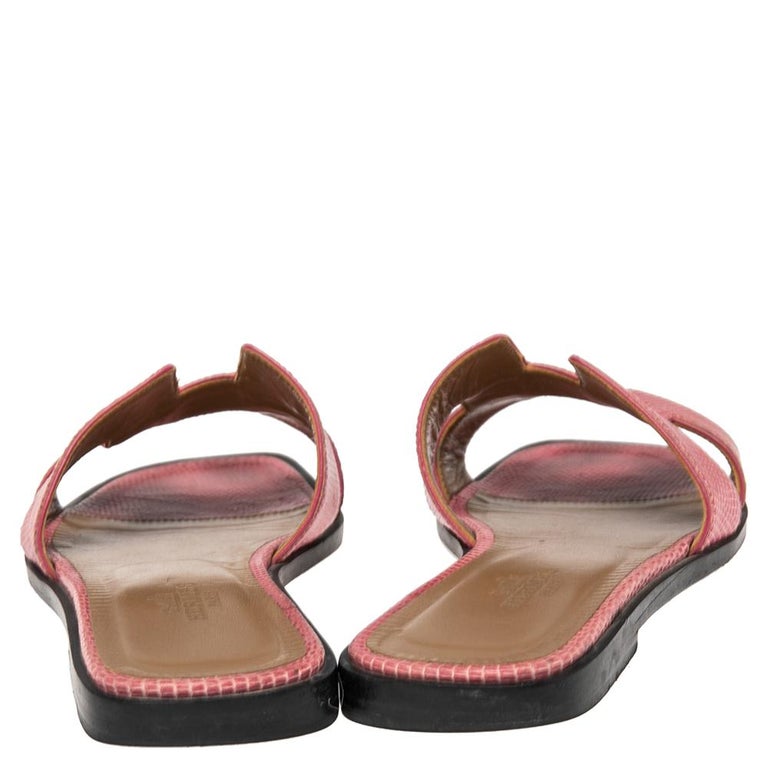 Hermes Pink Lizard Embossed Leather Oran Sandals Size 36 at 1stDibs
