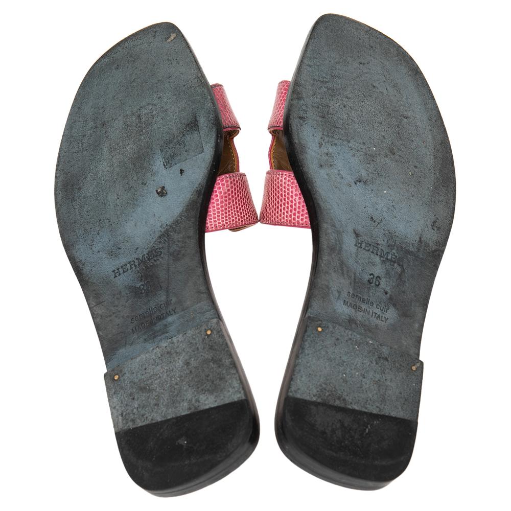 Women's Hermes Pink Lizard Embossed Leather Oran Sandals Size 36
