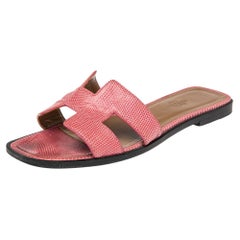 Hermes Pink Lizard Embossed Leather Oran Sandals Size 36