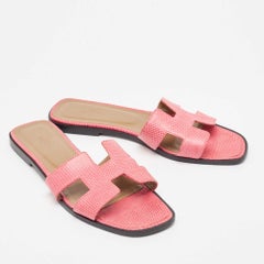 Hermes Pink Lizard Oran Flat Slides Size 40