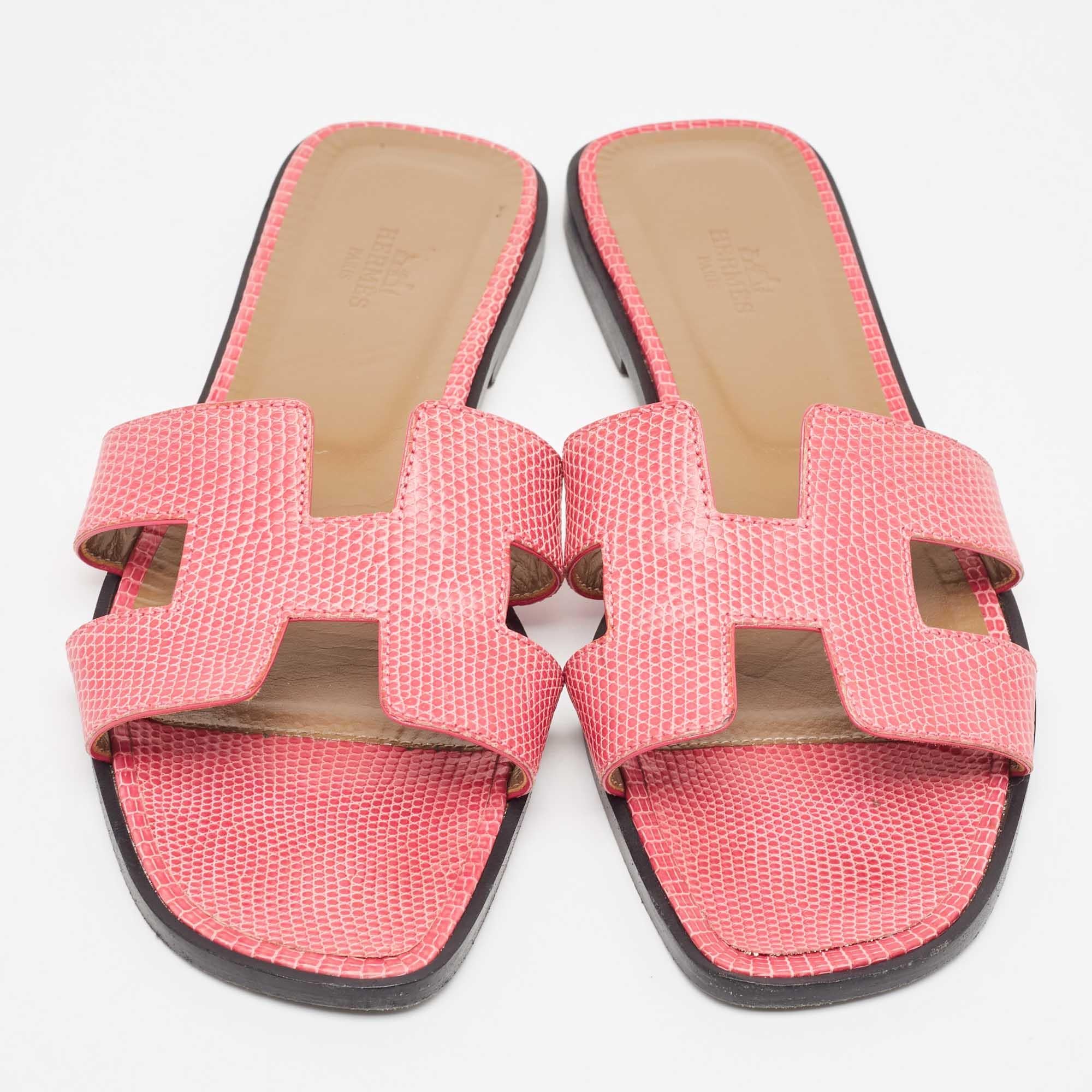 Women's Hermes Pink Lizard Oran Flat Slides Size 40