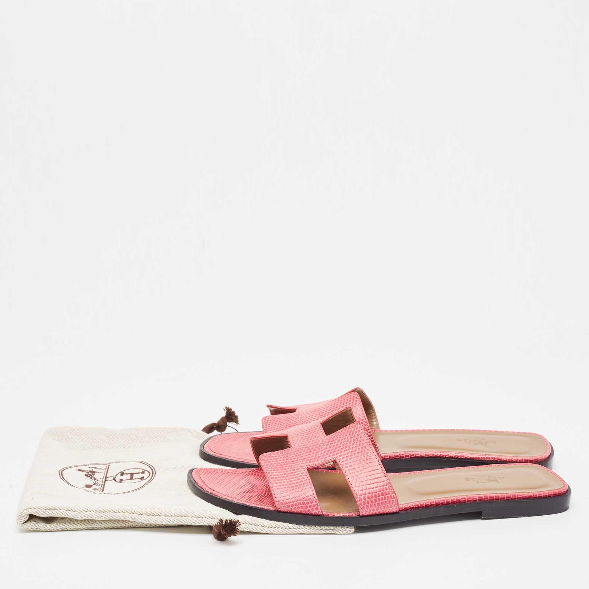Hermes Pink Lizard Oran Flat Slides Size 40 5