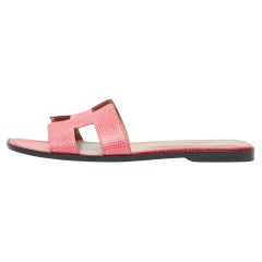 Hermes Pink Lizard Oran Flat Slides Size 40