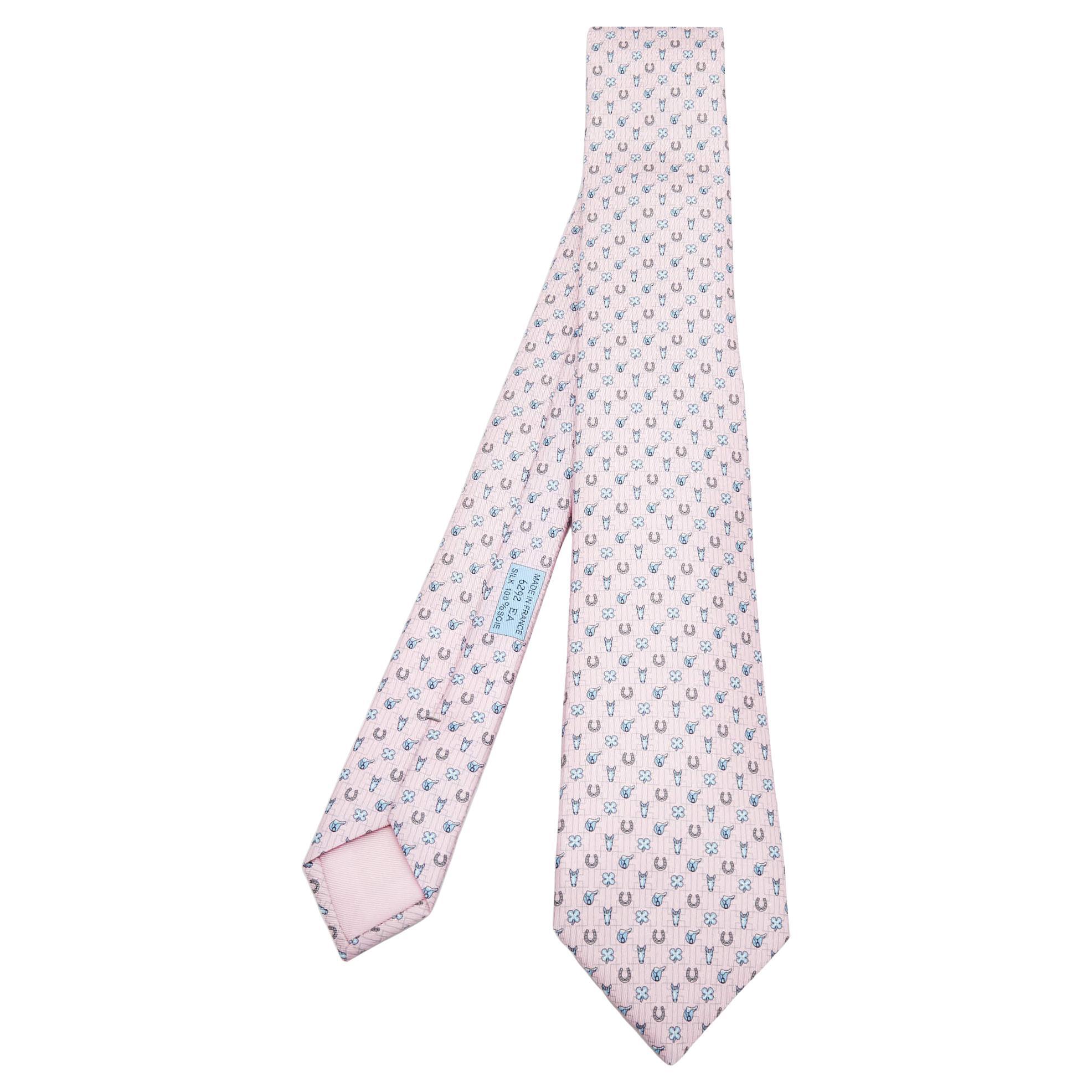 Hermès Pink Luck Printed Silk Slim Tie