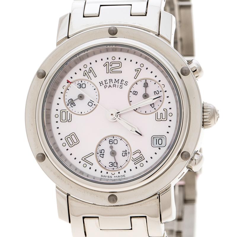 Hermes Pink Mother of Pearl Stainless Steel Clipper Chronograph CL1.310 Women's  In Excellent Condition In Dubai, Al Qouz 2