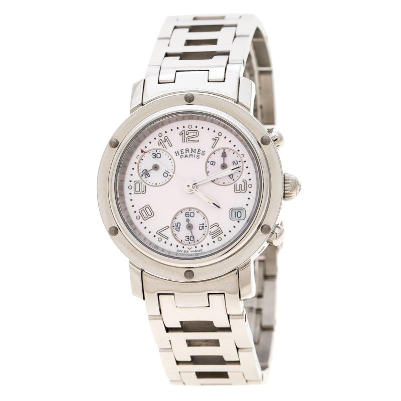 Hermes Pink Mother of Pearl Stainless Steel Clipper Chronograph CL1.310 Women's 