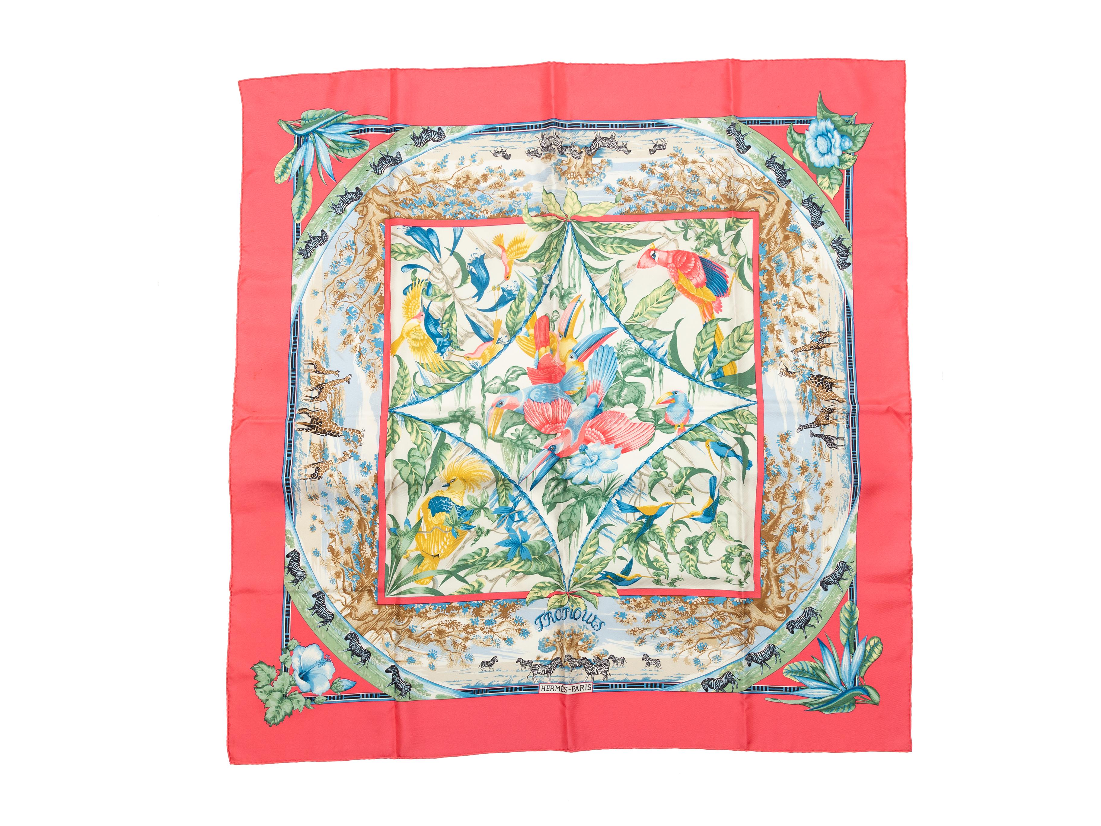 Product details: Pink and multicolor Tropiques silk scarf by Hermes. 35.5