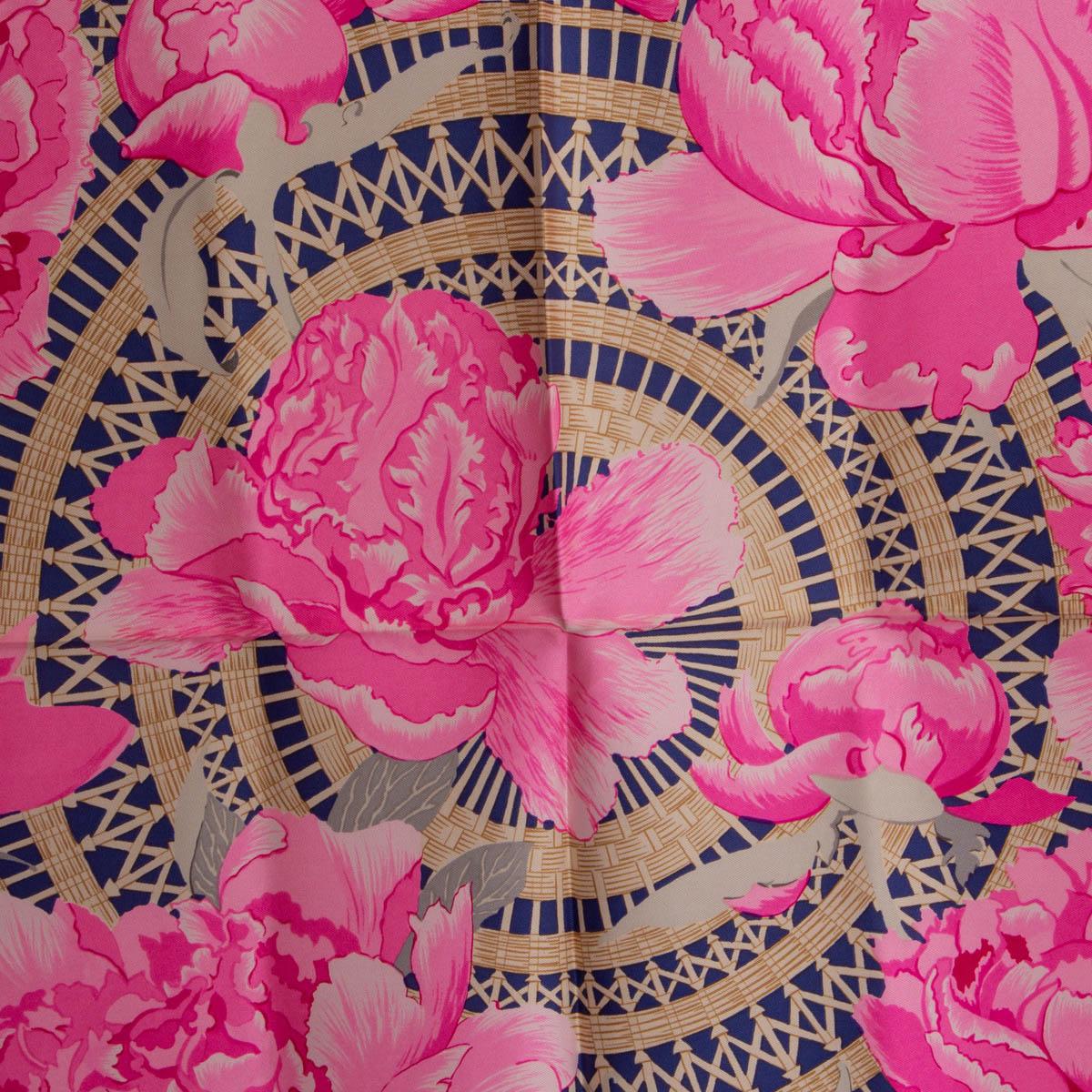 100% authentic Hermes 'Les Pivoines 90' scarf by Christiane Vauzelles in fuchsia silk twill (100%) with details in navy blue and beige. Has been worn and is in excellent condition.

Issued in 1978.

Measurements
Width	90cm (35.1in)
Height	90cm