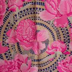 Hermes pink navy blue LES PIVOINES 90 Scarf silk